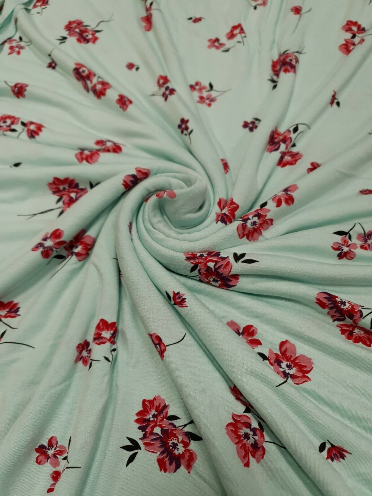 Mint Green Red Floral Print Viscose Elastane Fabric