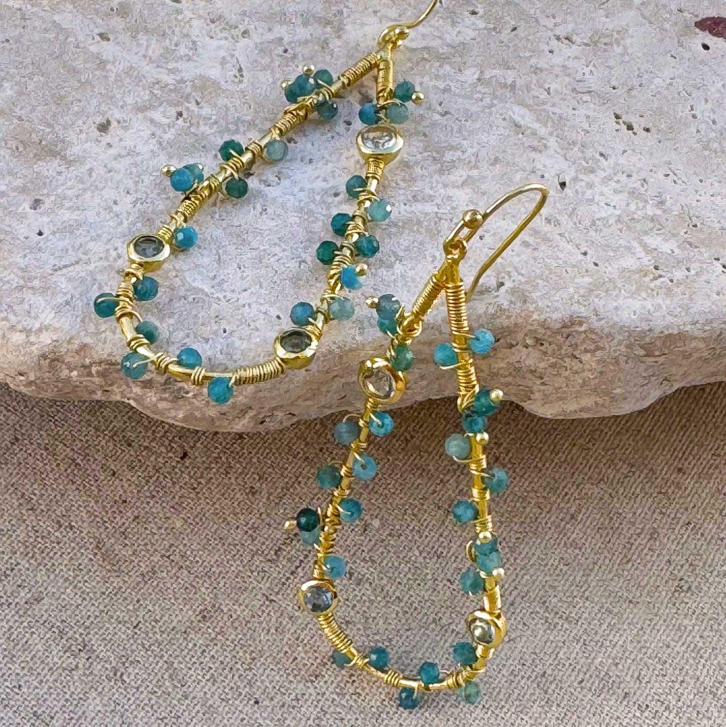 Hydra Large Teardrop Wire-Wrapped Gemstone Earrings Iolite, Blue Topaz & Apatite