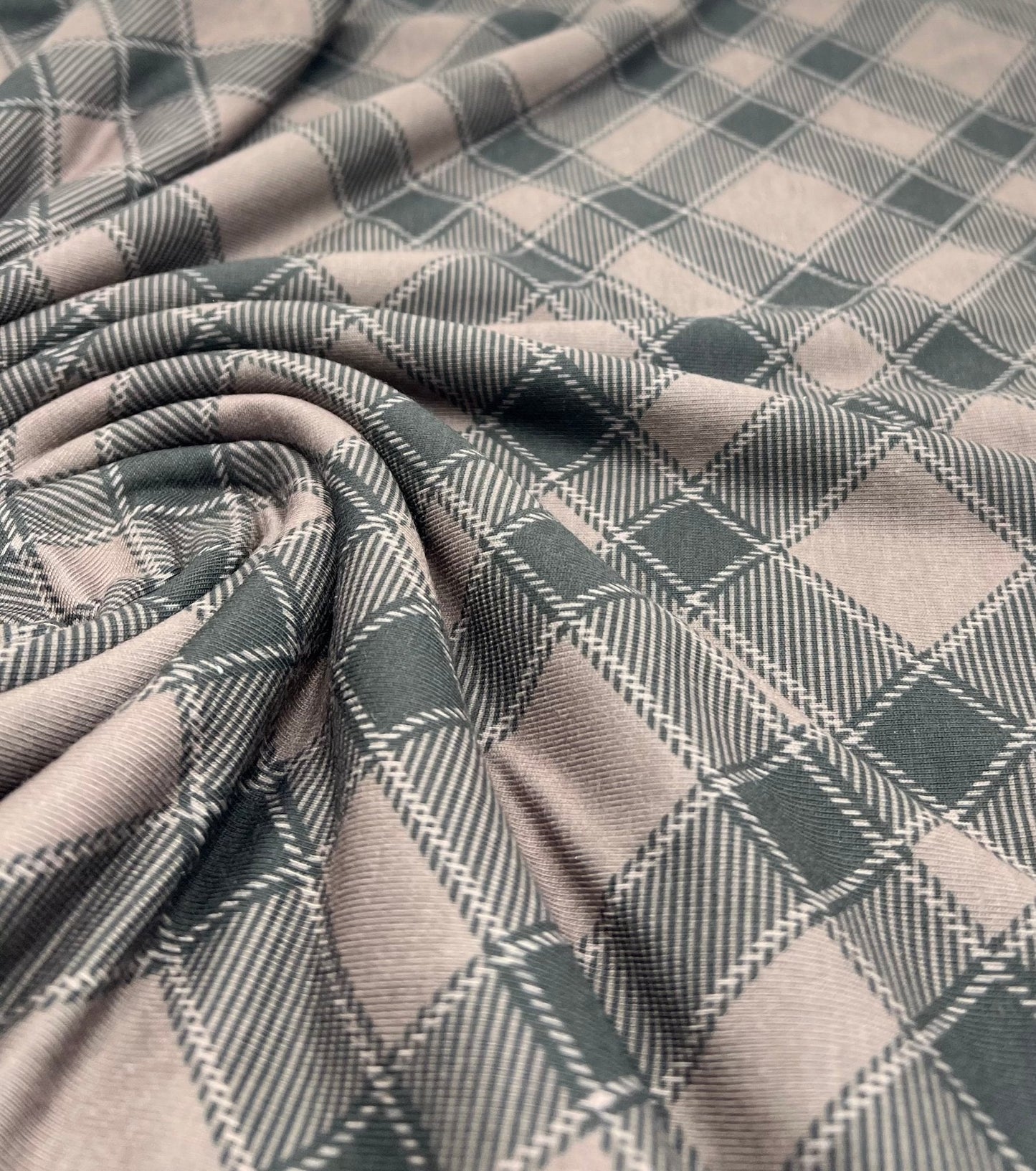 Mocha Black Diamond Check Print Spun Poly Stretch Fabric