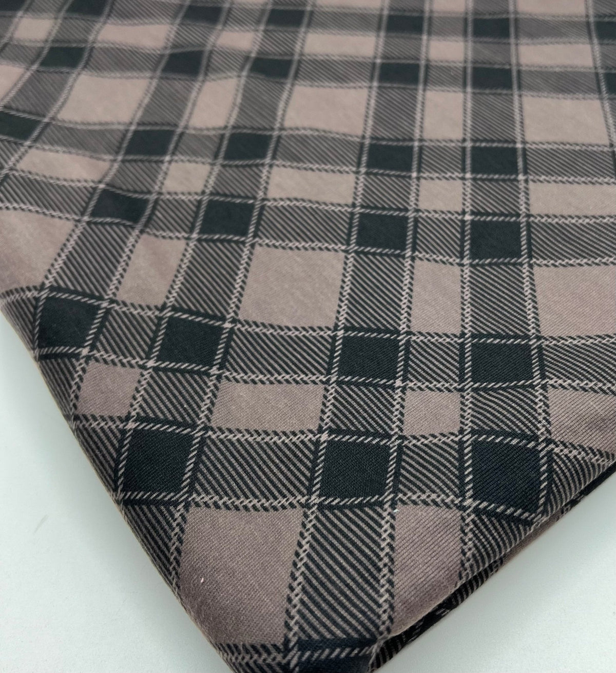 Mocha Black Diamond Check Print Spun Poly Stretch Fabric