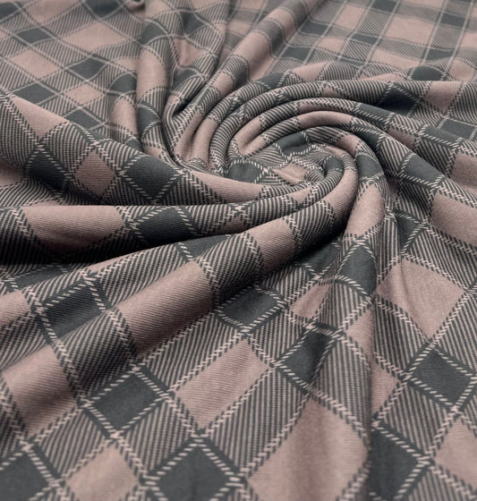 Mocha Black Diamond Check Print Spun Poly Stretch Fabric
