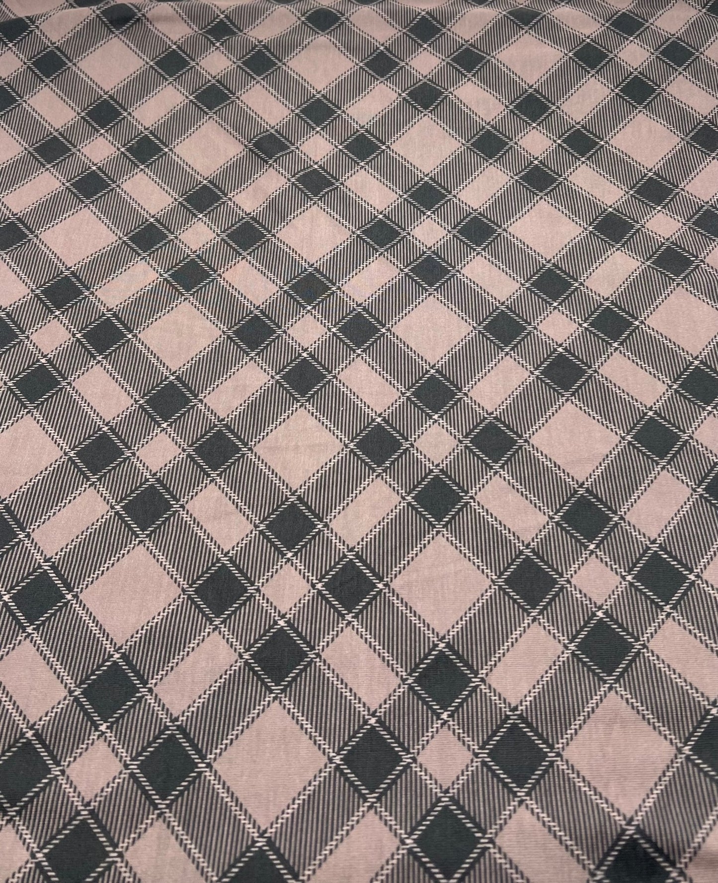 Mocha Black Diamond Check Print Spun Poly Stretch Fabric
