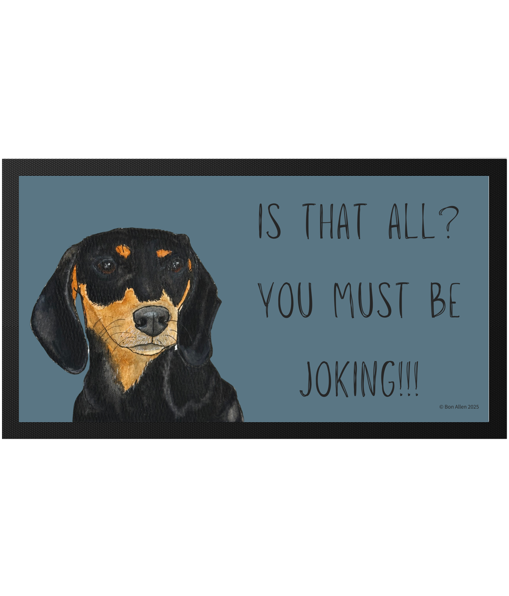 Black & Tan Dachshund Dining Drama – Hilarious Pet Bowl Mat!