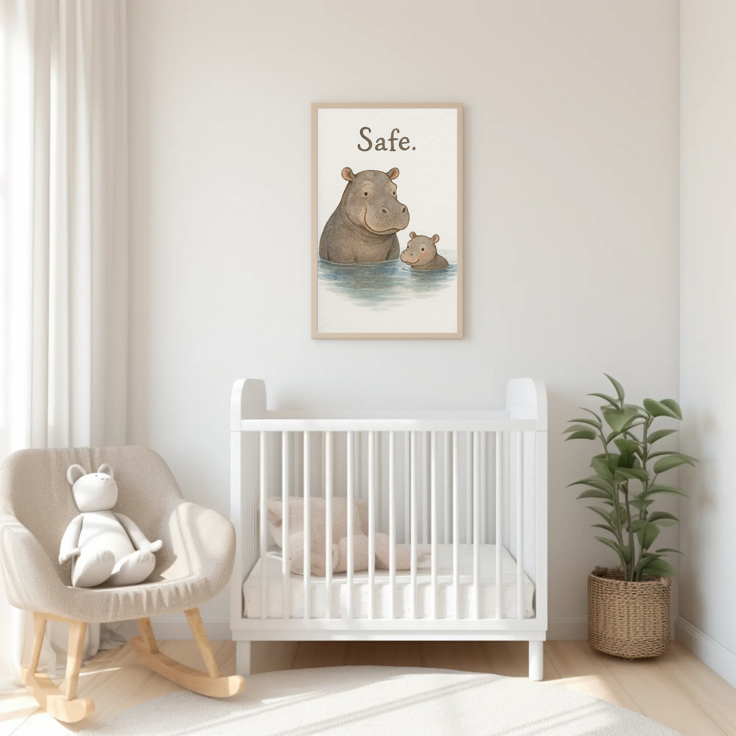 Safe Hippo Family Watercolour Nursery Children's Room Wall Decor Print