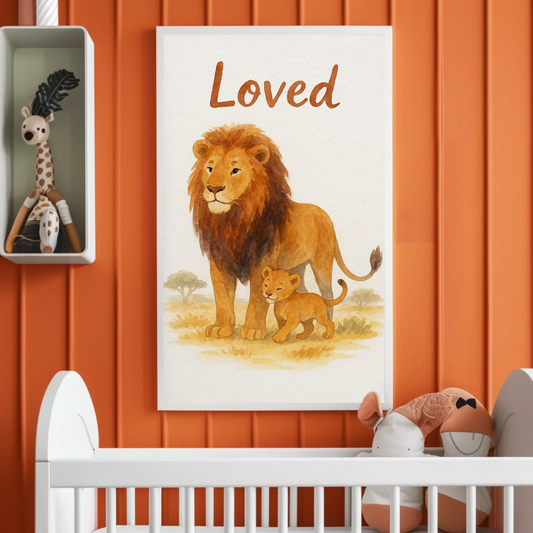 Loved Lion & Cub Nursery Children's Room Wall Decor Print