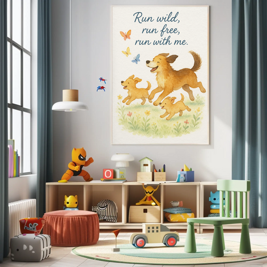 Run Wild & Free With Me Playful Dog Family Watercolour Nursery Children's Room Wall Decor Print