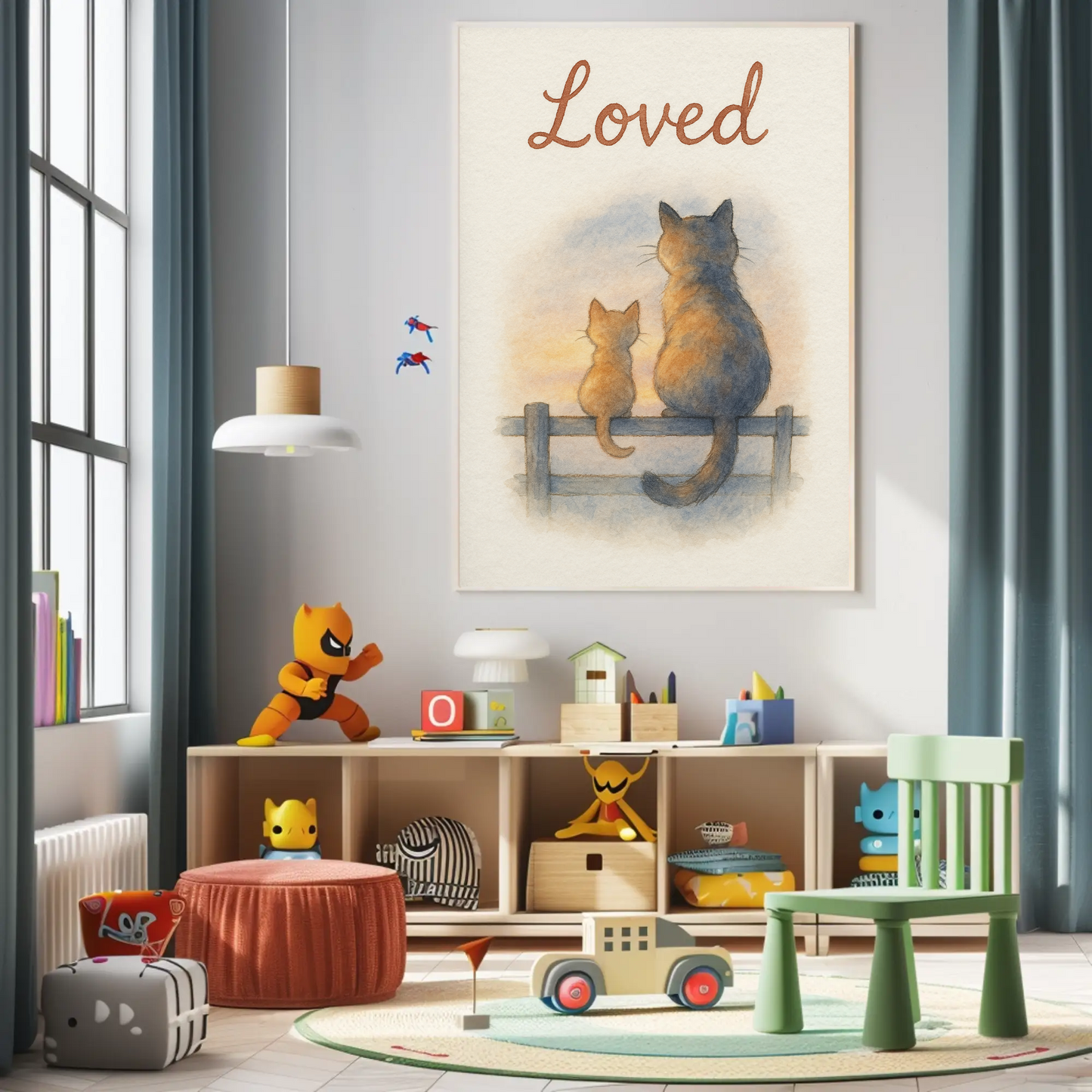 Loved Cat & Kitten Sitting On A Fence Nursery Children's Room Wall Decor Print