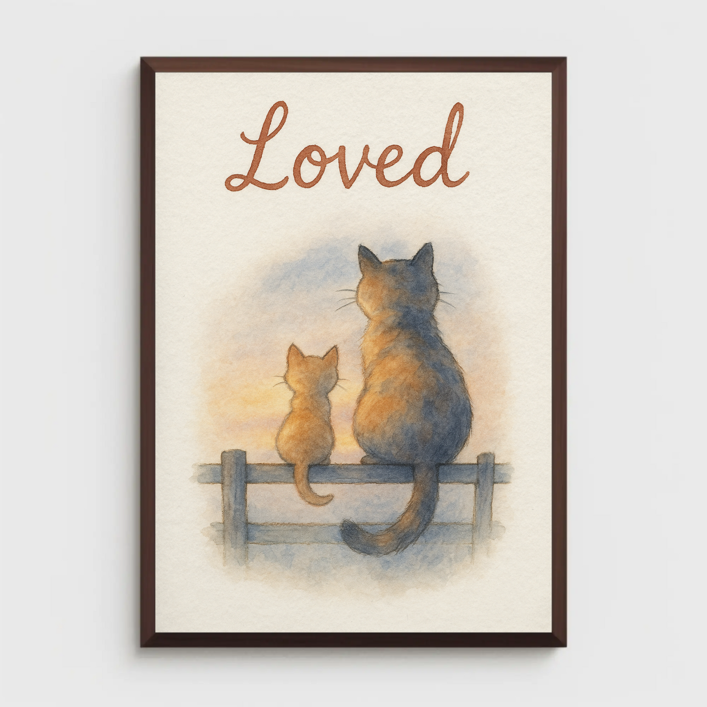 Loved Cat & Kitten Sitting On A Fence Nursery Children's Room Wall Decor Print