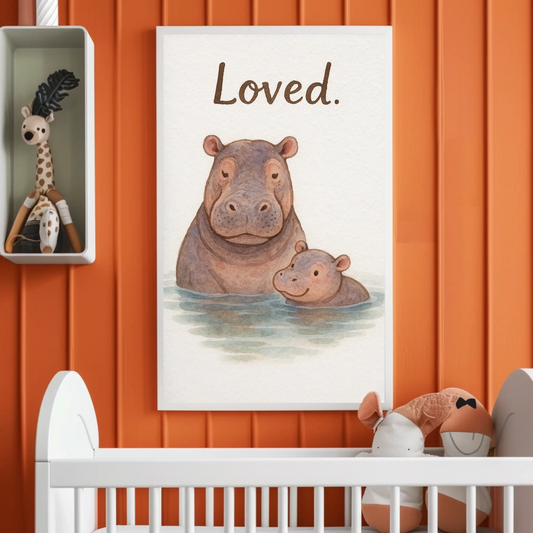 Loved Hippo Family Watercolour Nursery Children's Room Wall Decor Print