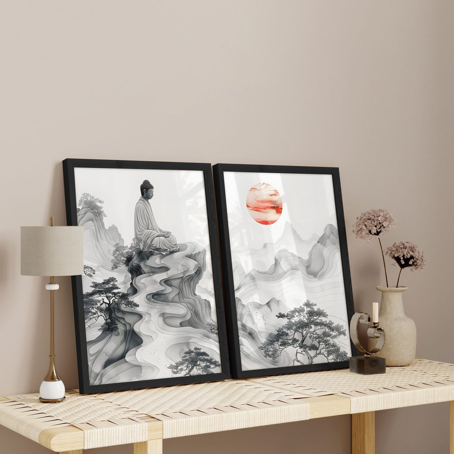 Modern Artwork For Living Room | Set of 2 Asian Inspired Wall art Prints