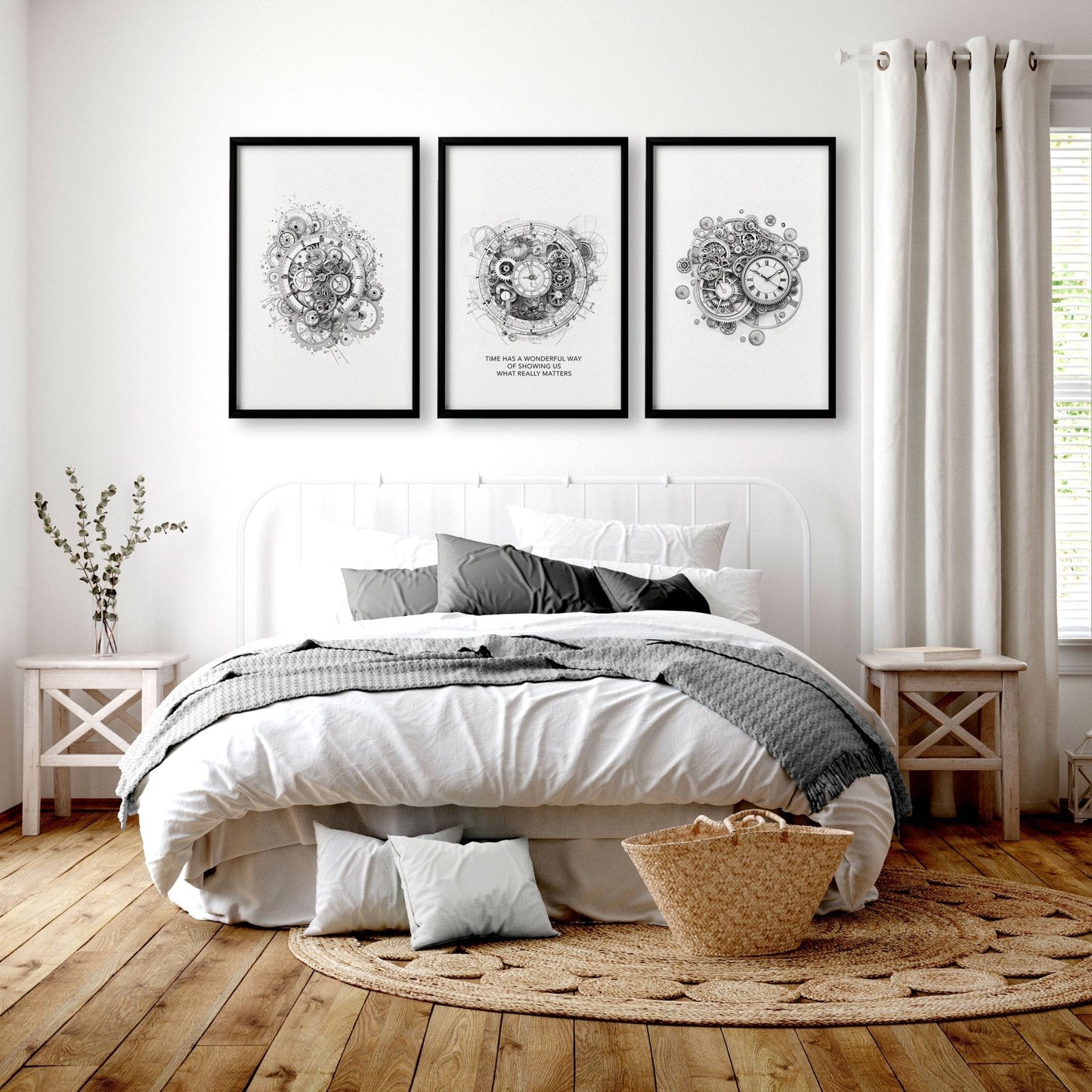 Modern Bedroom Wall Decor | Set of 3 Abstract Clocks Wall art Prints