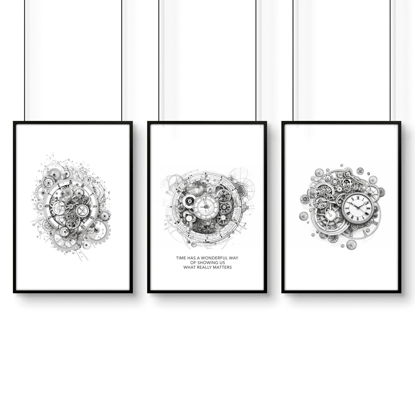 Modern Bedroom Wall Decor | Set of 3 Abstract Clocks Wall art Prints