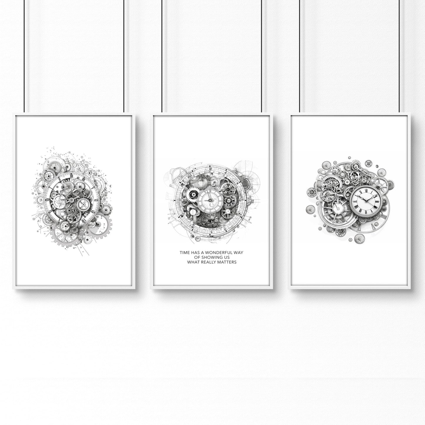 Modern Bedroom Wall Decor | Set of 3 Abstract Clocks Wall art Prints