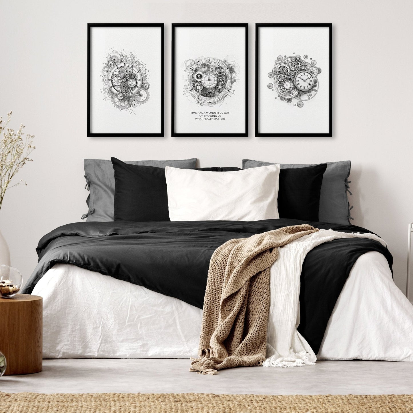 Modern Bedroom Wall Decor | Set of 3 Abstract Clocks Wall art Prints