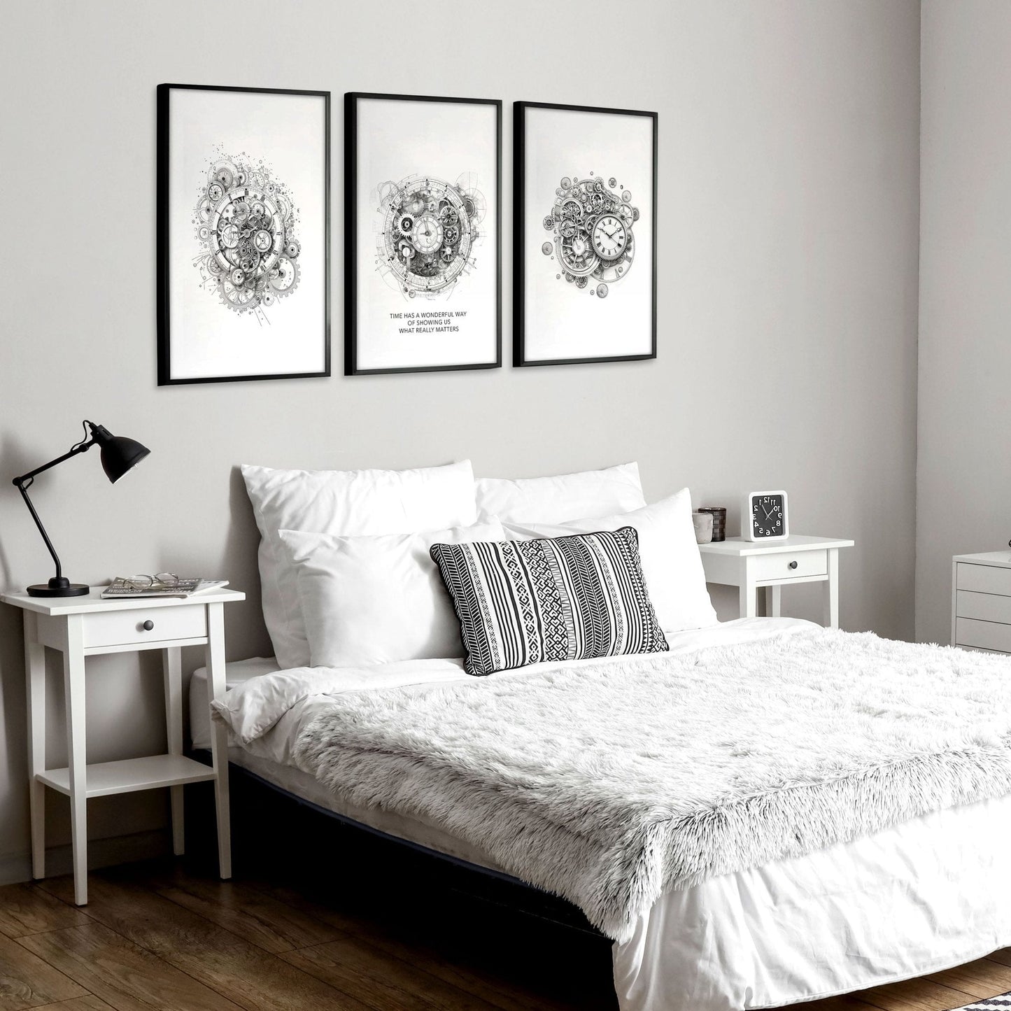 Modern Bedroom Wall Decor | Set of 3 Abstract Clocks Wall art Prints