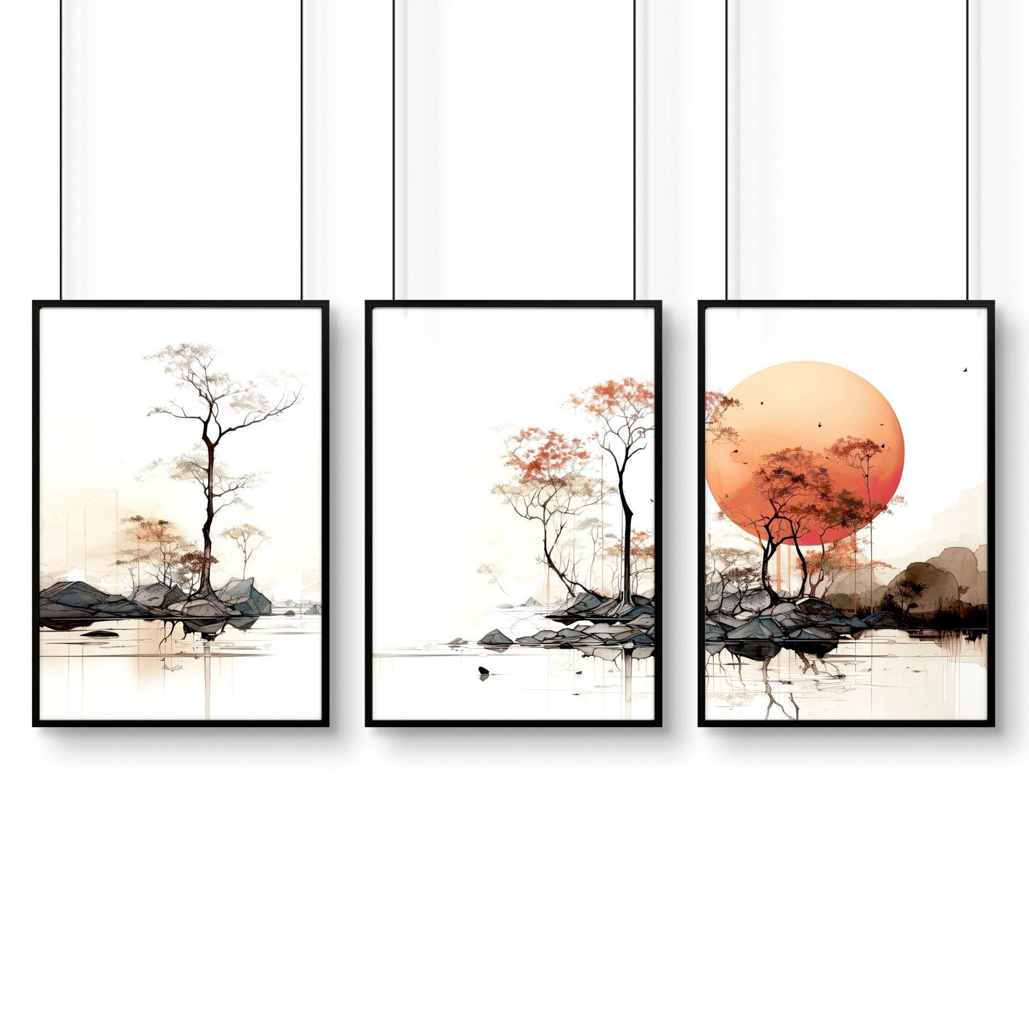 Modern Canvas Wall Art | Set of 3 Asian Inspired Wall art Prints