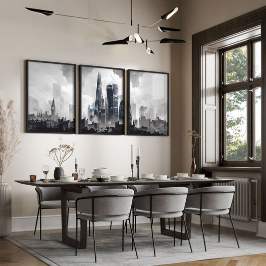Modern Contemporary Wall Decor London Skyline Grey Watercolour Art Prints | Set of 3