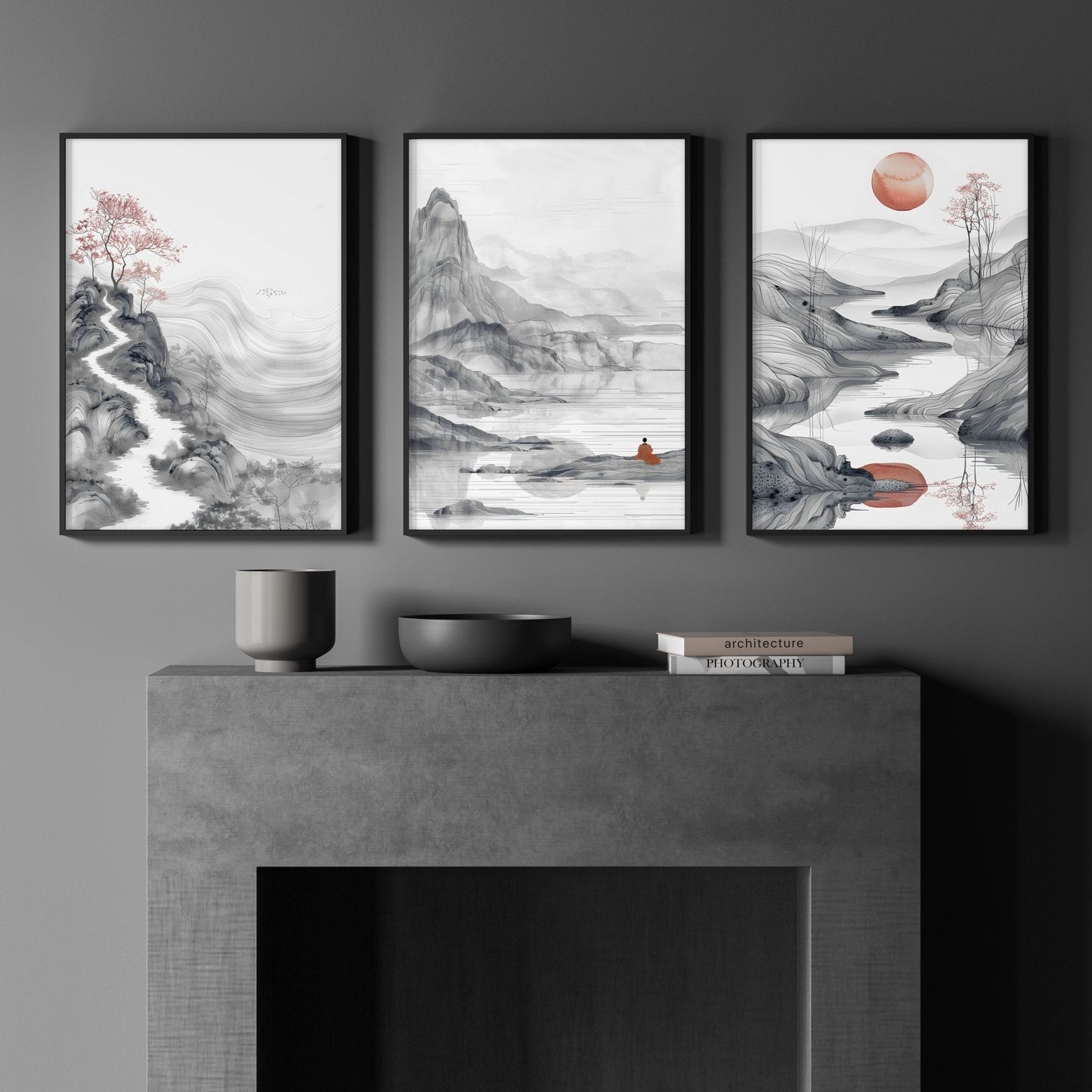 Modern Living Room Art | Set of 3 Asian Inspired Wall art Prints