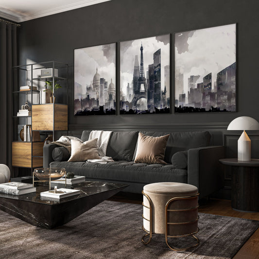 Modern Living Room Wall Art Paris Skyline Grey Watercolour Cityscape | Set of 3