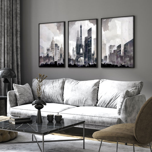 Modern Living Room Wall Art Paris Skyline Grey Watercolour Cityscape | Set of 3