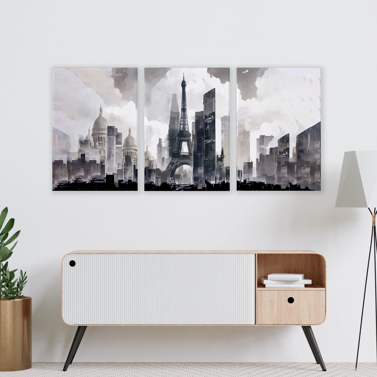 Modern Living Room Wall Art Paris Skyline Grey Watercolour Cityscape | Set of 3