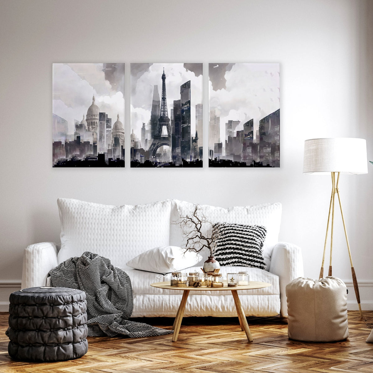 Modern Living Room Wall Art Paris Skyline Grey Watercolour Cityscape | Set of 3