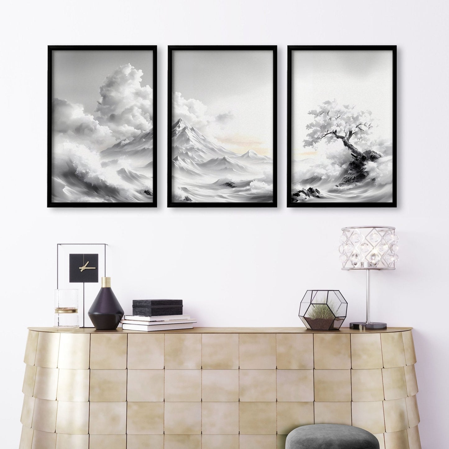 Modern Living Room Wall Decor | Set of 3 Asian Inspired Wall art Prints