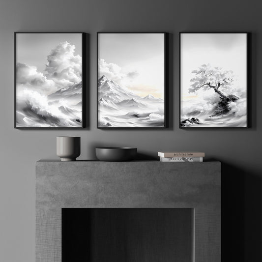 Modern Living Room Wall Decor | Set of 3 Asian Inspired Wall art Prints