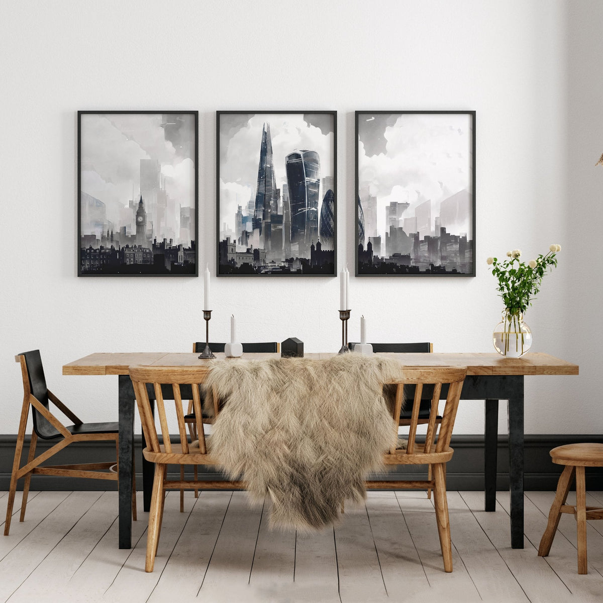 Modern Wall Art for Dining Room Paris Skyline Grey Watercolour Eiffel Tower & Sacré-Cœur Art Prints | Set of 3