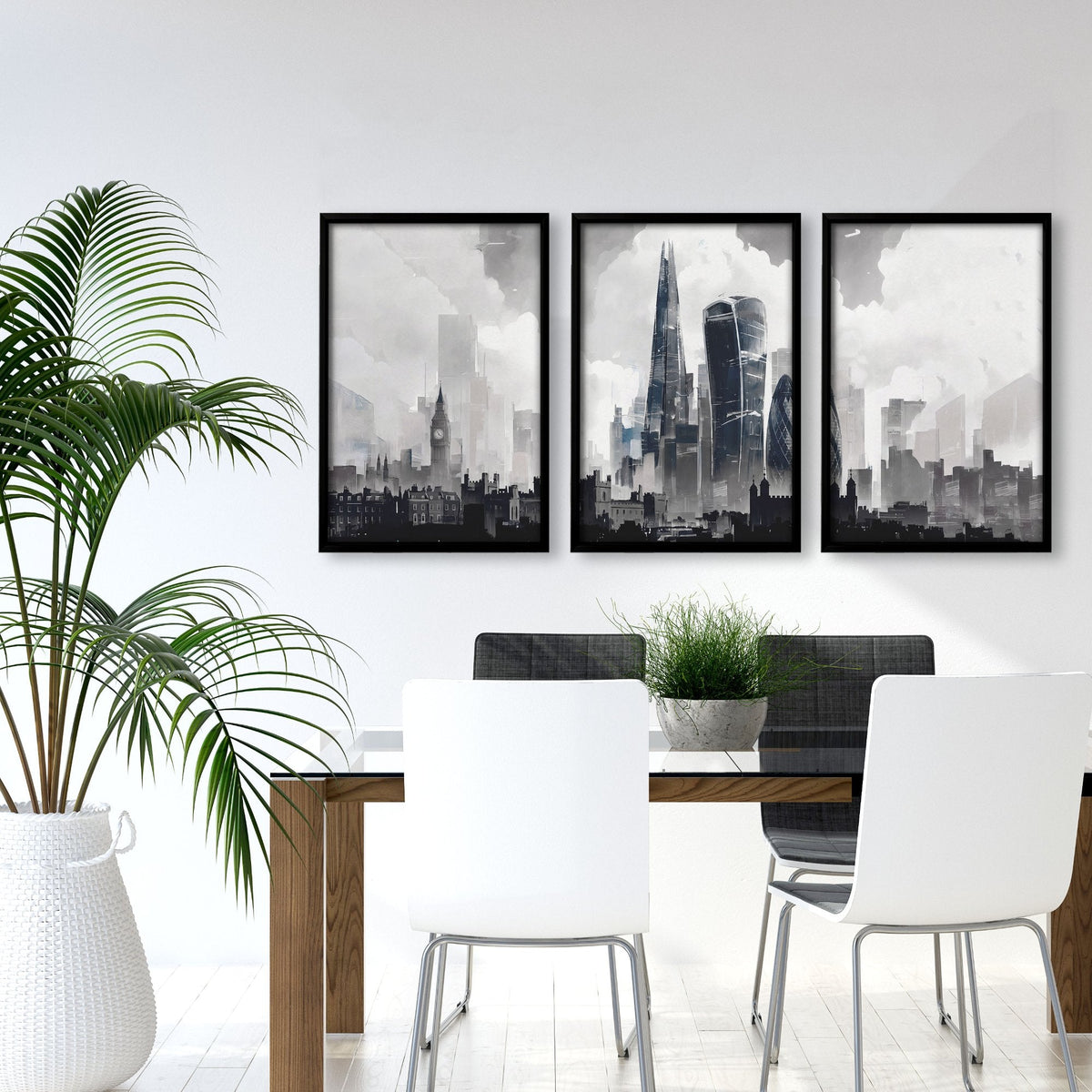 Modern Wall Art for Dining Room Paris Skyline Grey Watercolour Eiffel Tower & Sacré-Cœur Art Prints | Set of 3
