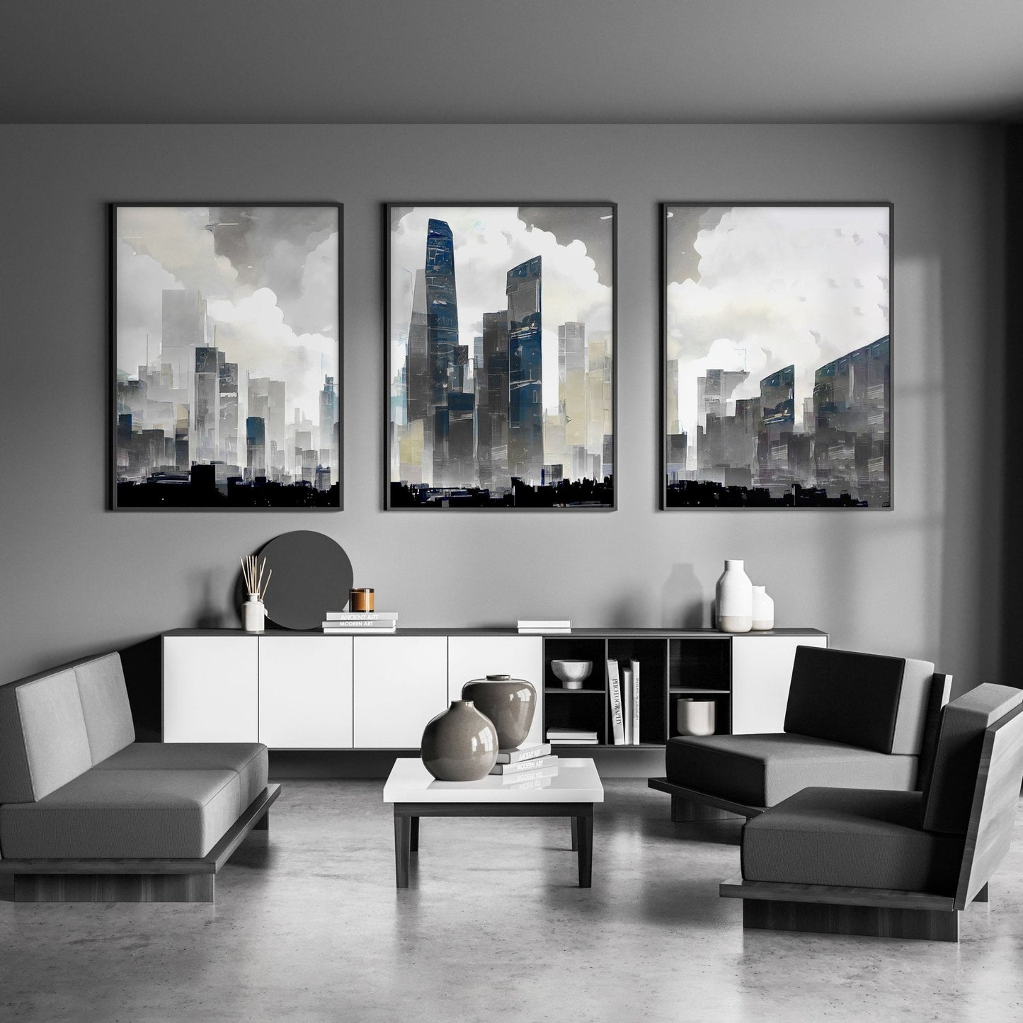 Modern Wall Art For Living Room Uk | Set of 3 Urban Skyscrapers Wall art Prints