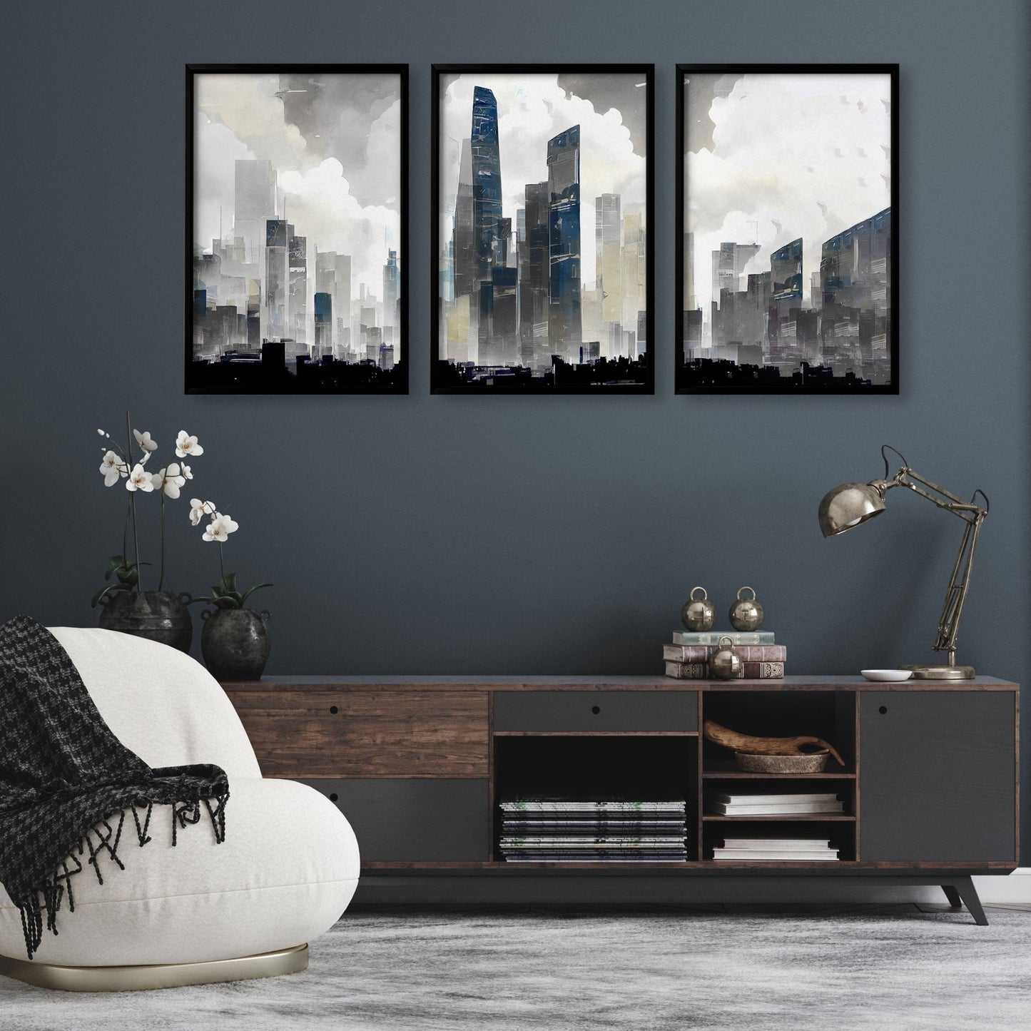 Modern Wall Art For Living Room Uk | Set of 3 Urban Skyscrapers Wall art Prints