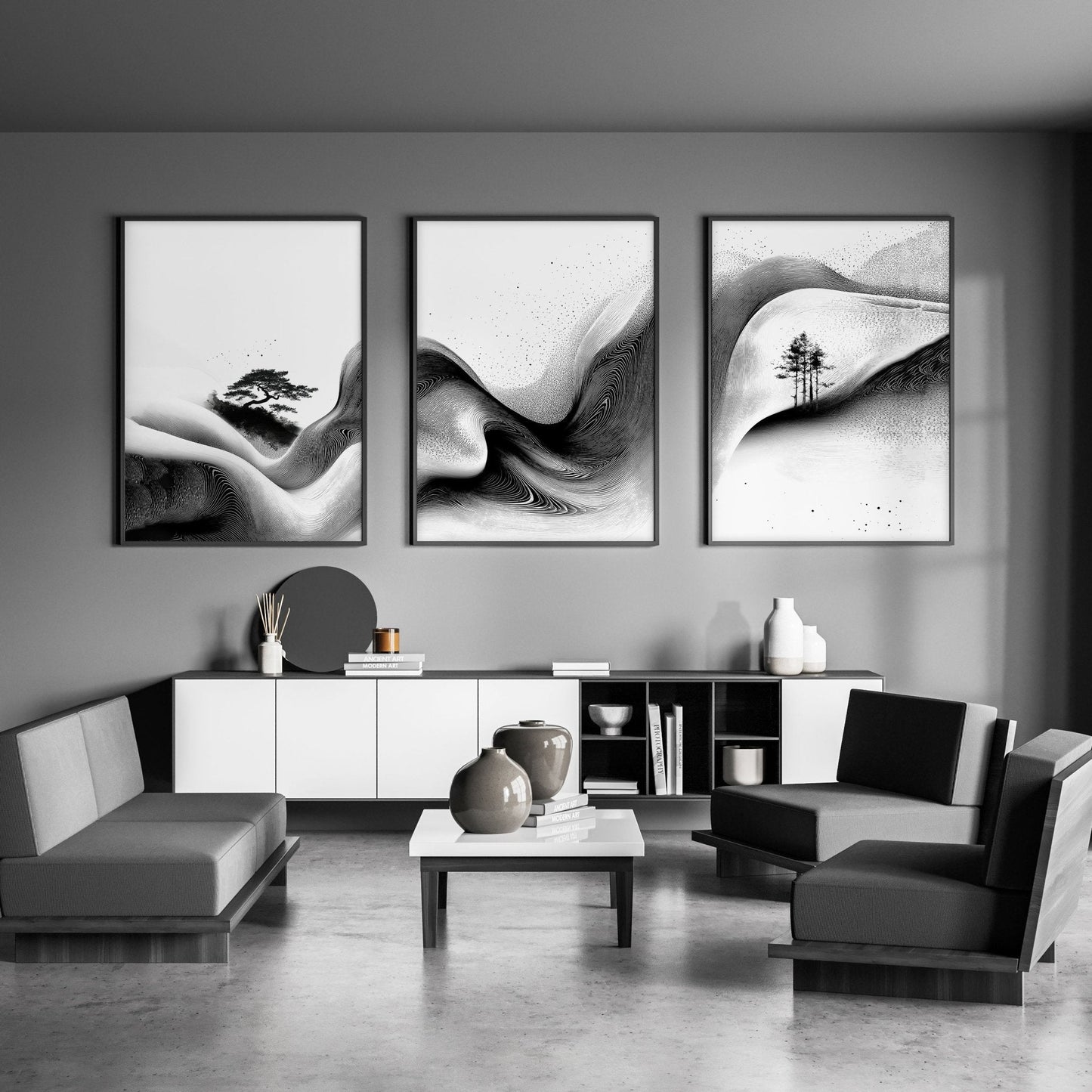 Modern Wall Art Living Room | Set of 3 Asian Inspired Wall art Prints