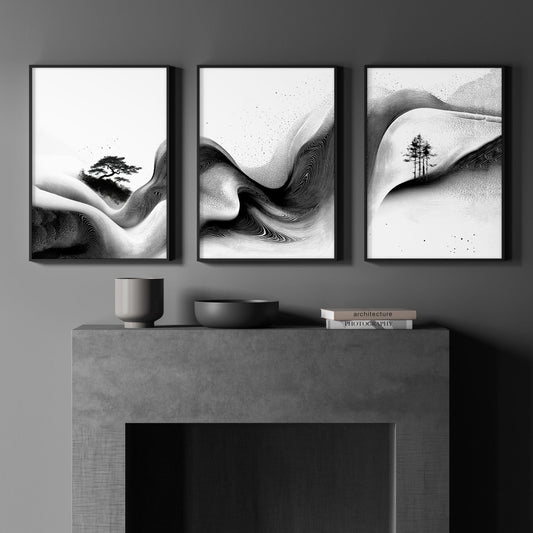 Modern Wall Art Living Room | Set of 3 Asian Inspired Wall art Prints