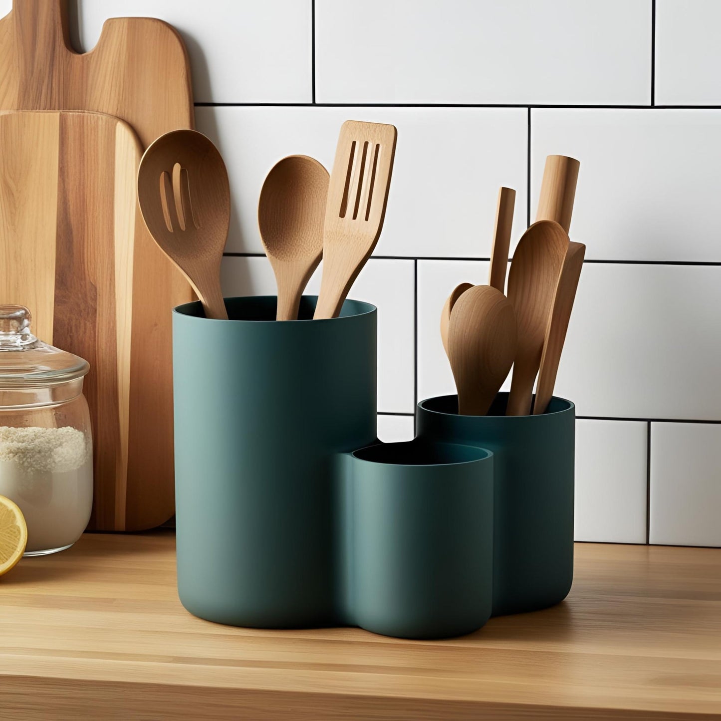 Modern Kitchen Utensil Holder - Triple Cup Organiser for Spatulas, Whisks & Cutlery
