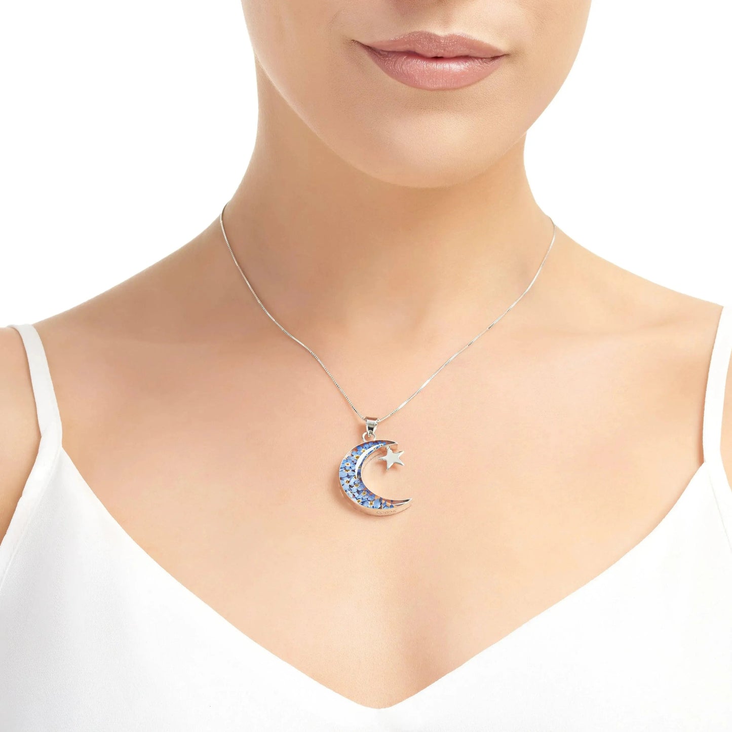 Moon & star necklace - Sterling silver pendant with real forget-me-nots
