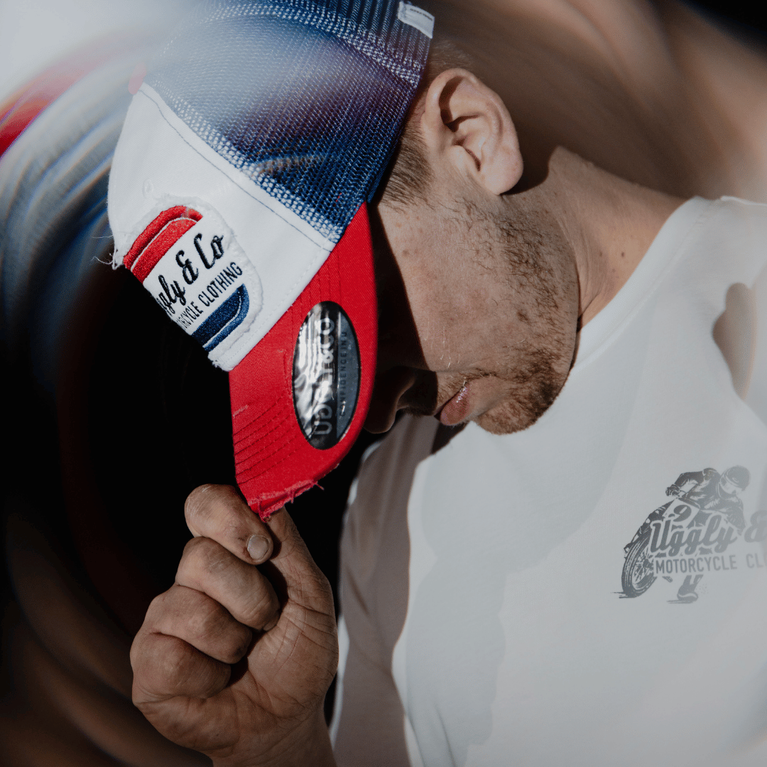 White & Red Flat Track Trucker Hat