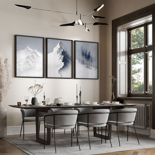 Mountain Painting Snowy Nordic Peaks & Forest Landscape Wall Art Prints | Set of 3