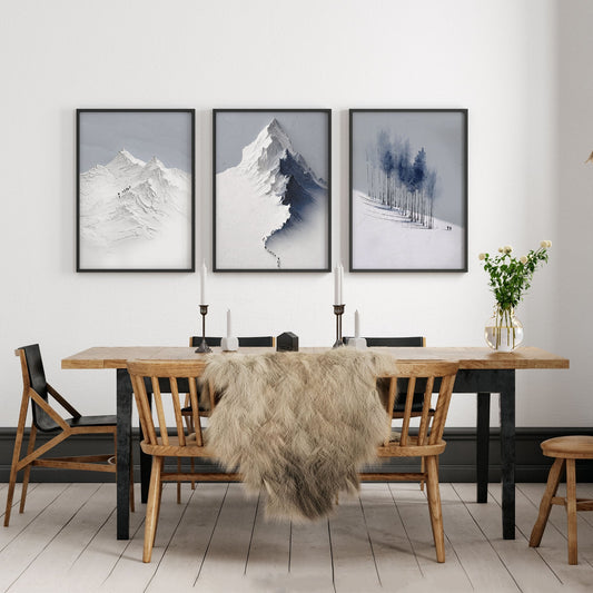 Mountain Painting Snowy Nordic Peaks & Forest Landscape Wall Art Prints | Set of 3
