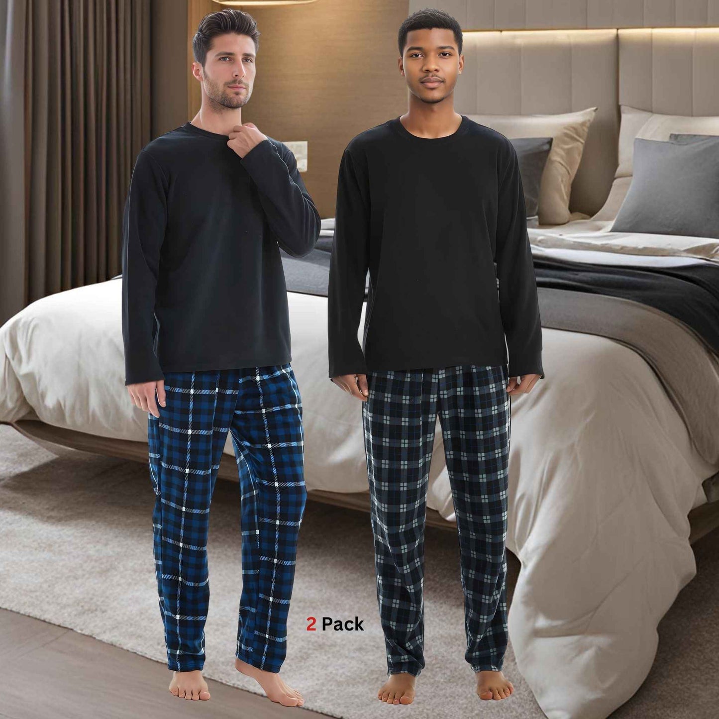 Luxury Navy Check Fleece Pajamas - Men's Warm Winter Pyjama Set