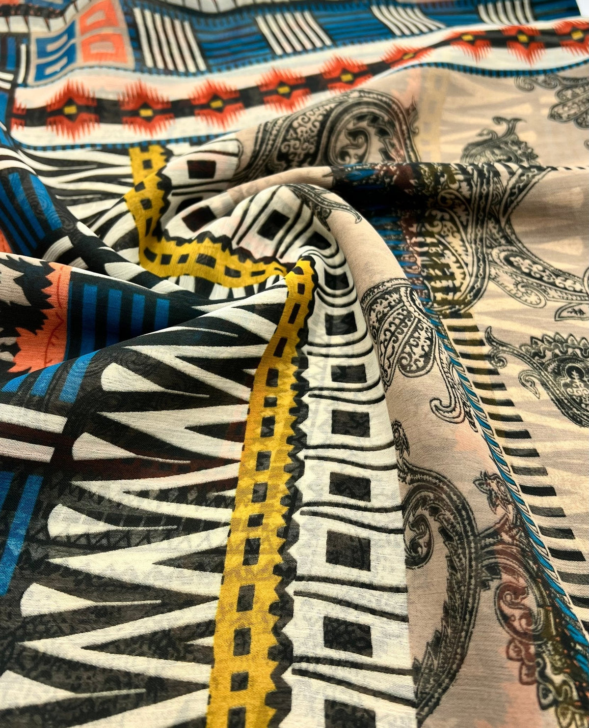 Multi Brown Stone Squares Print Chiffon Sheer Dress Fabric