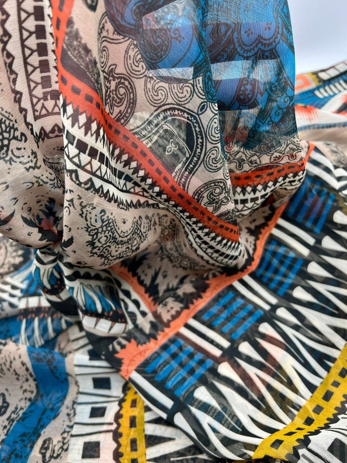 Multi Brown Stone Squares Print Chiffon Sheer Dress Fabric