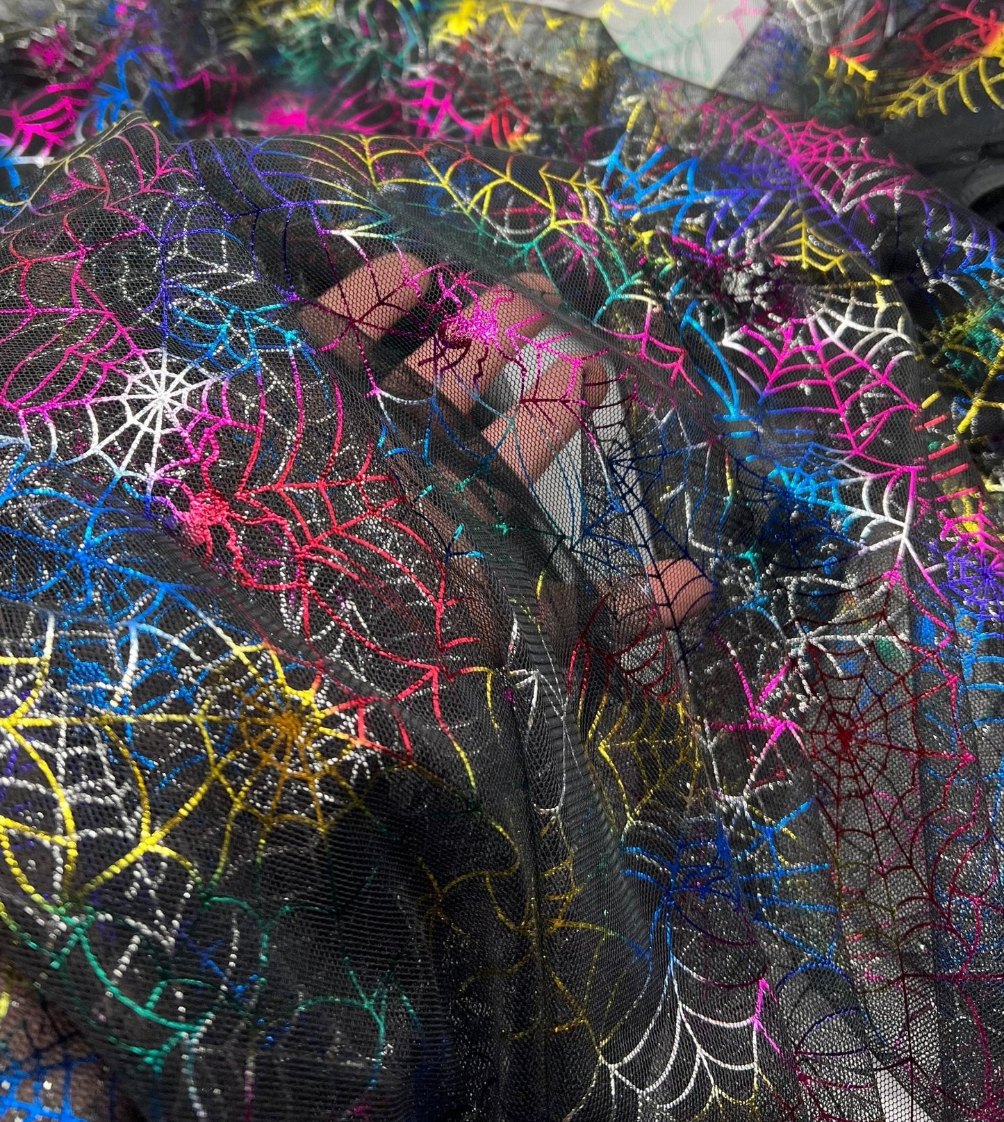 Multi Cobweb Halloween Print Mesh Fabric Stretch