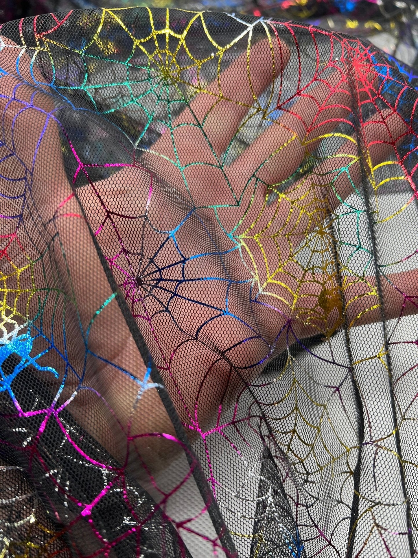 Multi Cobweb Halloween Print Mesh Fabric Stretch