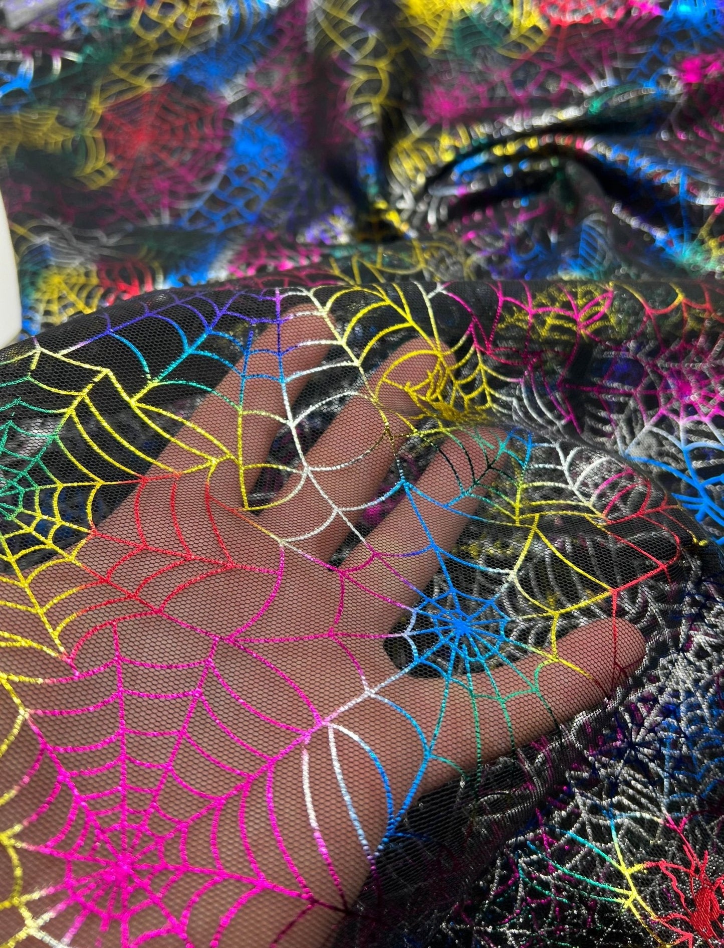 Multi Cobweb Halloween Print Mesh Fabric Stretch