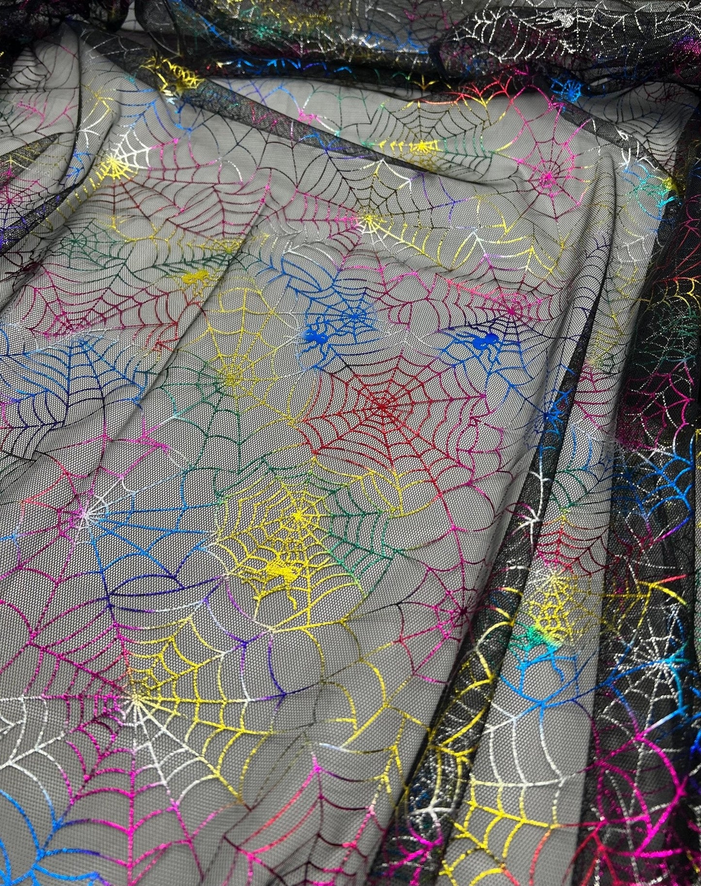 Multi Cobweb Halloween Print Mesh Fabric Stretch