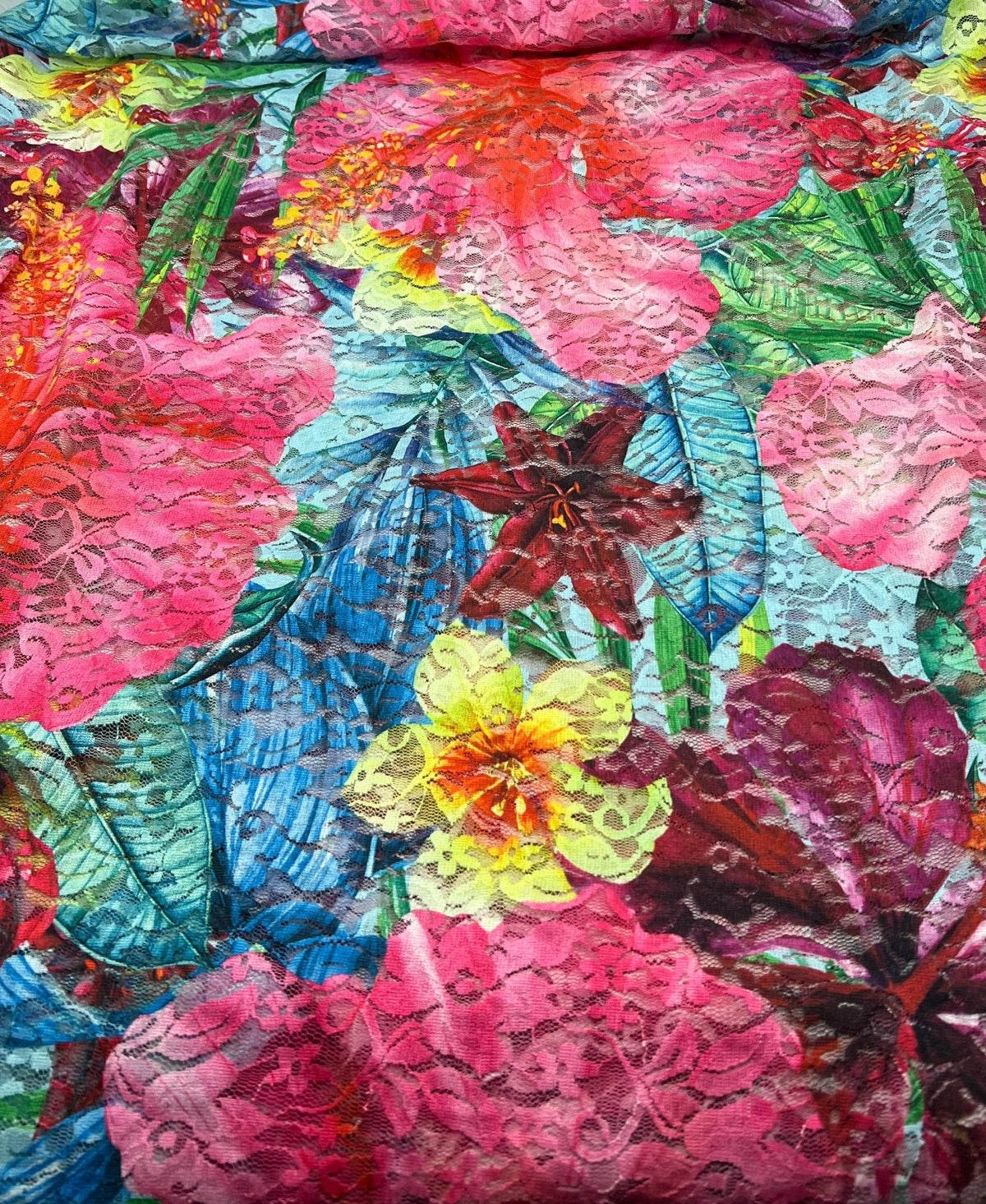 Multi Colour Vibrant Floral Lace Fabric Stretch