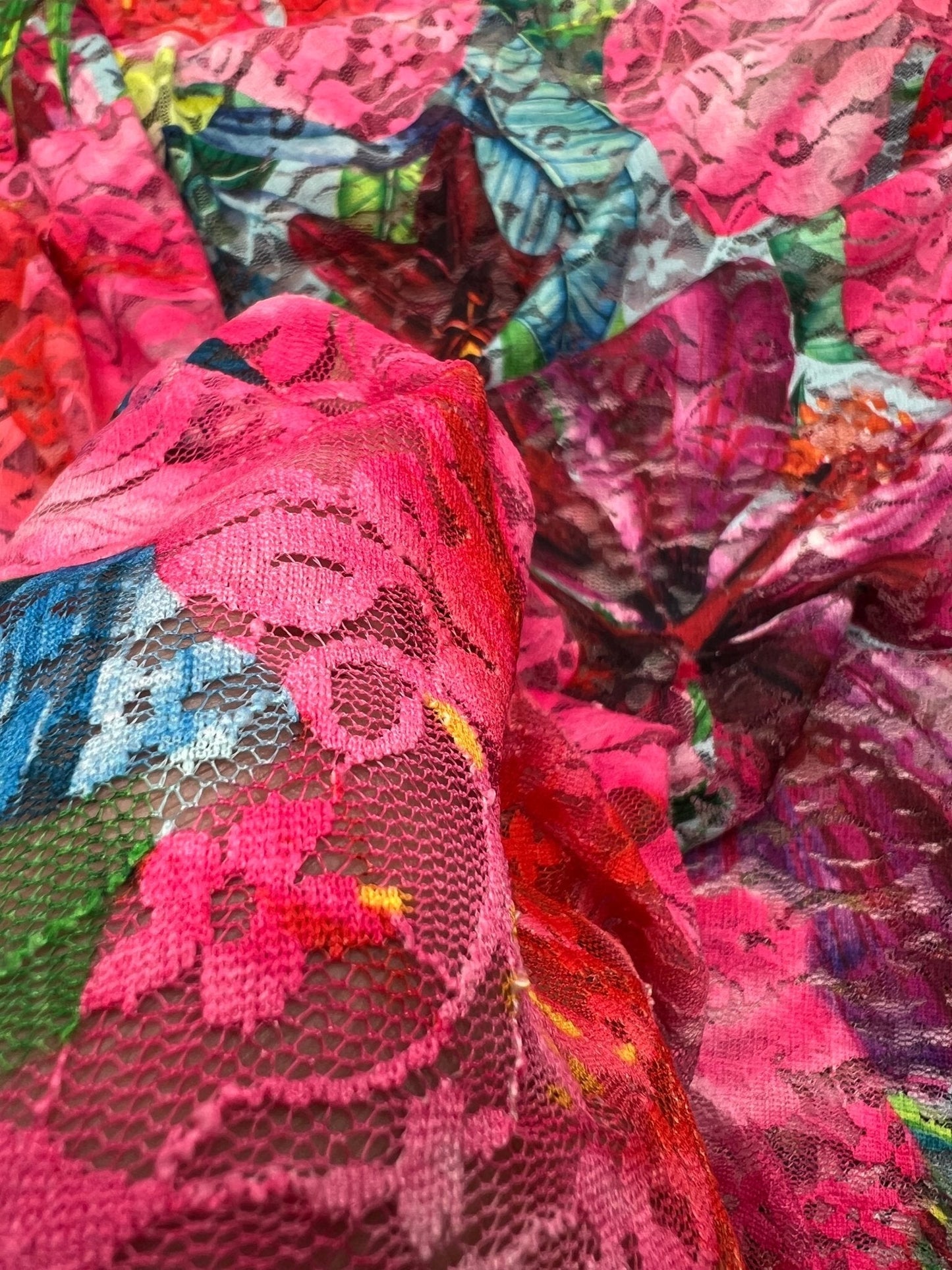 Multi Colour Vibrant Floral Lace Fabric Stretch