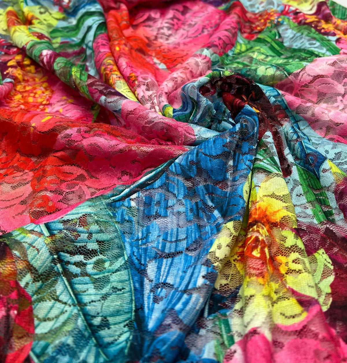 Multi Colour Vibrant Floral Lace Fabric Stretch