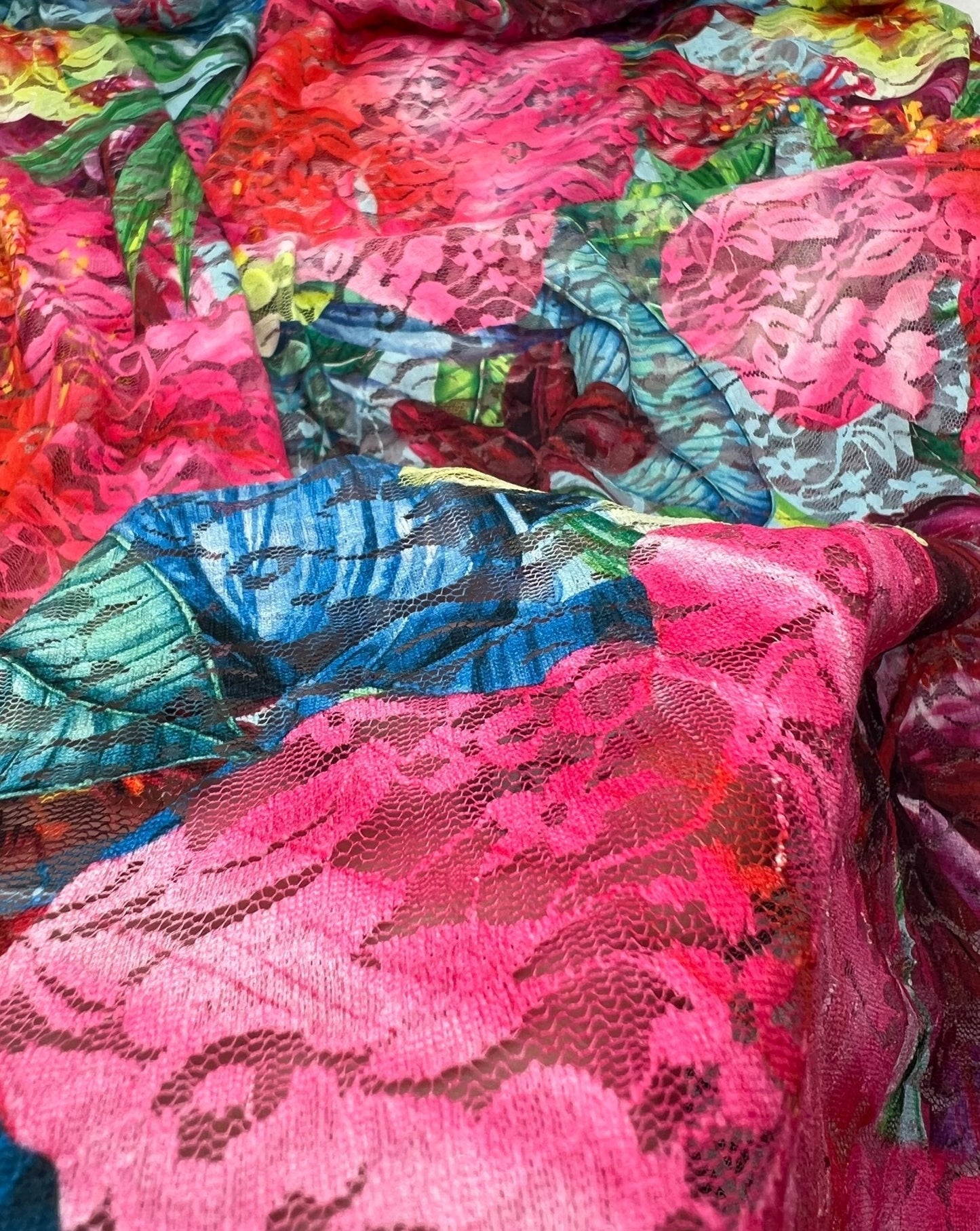 Multi Colour Vibrant Floral Lace Fabric Stretch